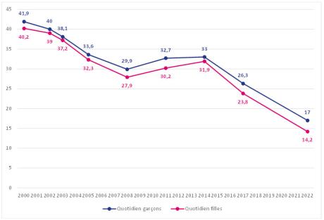 Usage quotidien de tabac par sexe, à 17 ans Évolution depuis 2000